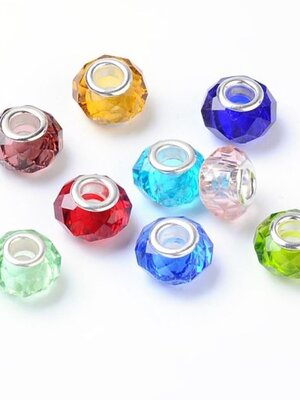 ลูกปัดแก้วยุโรปรูใหญ่ขอบตัด แกนเงินนิกเกิ้ลขนาด 14x8mm รู 5mm