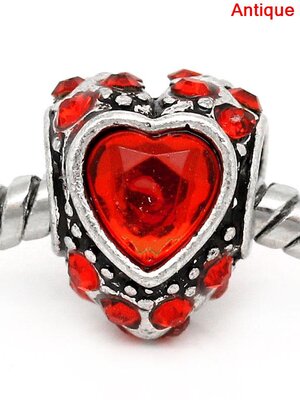 ลูกปัดเงินยุโรป antique รูใหญ่รูปหัวใจ ประดับพลอย Rhinestone สีแดง ขนาด 12x10mm รู 5mm 1 เม็ด