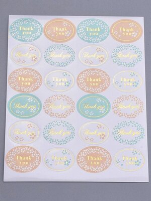 กระดาษสติกเกอร์ Thank you สำหรับติดของขวัญติดบรรจุภัณฑ์ต่างๆ 1 ดวงขนาด 35x25 มิล 1 แผ่นมี 24 ดวง แพ็ค 10 แผ่น