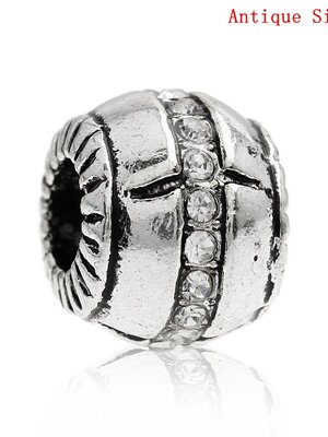 ลูกปัดเงินยุโรปรูใหญ่ ประดับพลอย Rhinestone ใส ขนาด 11mm x 9mm( 3/8" x 3/8"),Hole:Approx:4.7mm 2 เม็ด