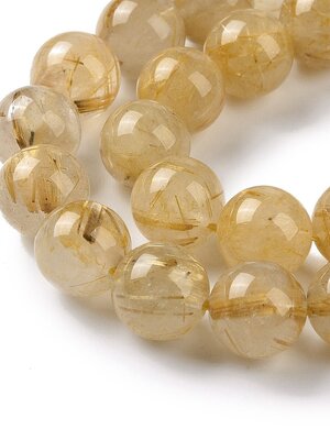 ลูกปัดหินธรรมชาติ ไหมทอง Gold Rutilated Quartz เม็ดกลม 8 มม. รู 0.8 มม. 1 เส้น ประมาณ 50 เม็ด หินแห่งความมั่งคั่ง