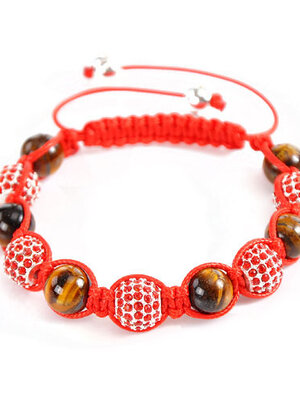 สร้อยข้อมือเชือกถักพลอย Rhinestone สีแดงสลับลูกปัด Tiger Eye ขนาด 22 ซม. ปรับความยาวได้ 1 เส้น