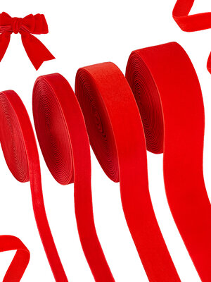 ริบบิ้นผ้ากำมะหยี่ สำหรับตกแต่ง ทำโบว์ห่อของขวัญ โบว์ผูกผม สีแดง ยาว 5 หลา มีให้เลือก 4 ขนาด