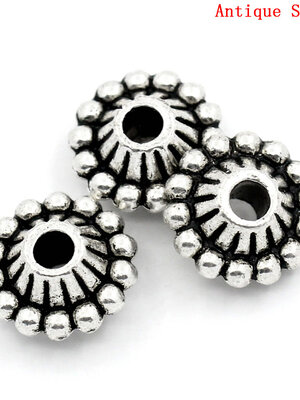 ลูกปัดตัวคั่น spacer โลหะเงิน antique ลายจุดโดยรอบ ขนาด 11 มม. รู 3 มม. แพ็ค 50 เม็ด