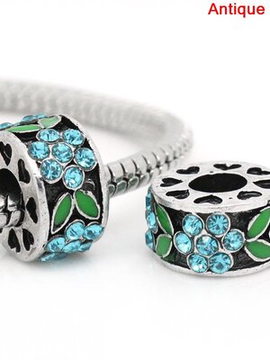 ลูกปัดเงินยุโรป antique รูใหญ่ ใบไม้enamelเขียวประดับพลอย Rhinestone สีฟ้าเทอร์ควอยซ์ ขนาด 11x7mm รู 5mm แพ็ค 2 เม็ด