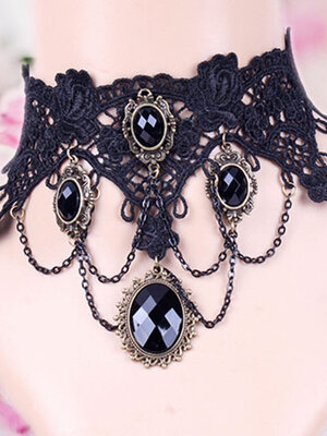 สร้อยคอ choker โกธิคสไตล์วินเทจ ผ้าลูกไม้สีดำ หรูหรา ประดับพลอยสีดำ 1 เส้น