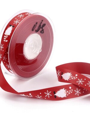 ริบบิ้นผ้าโพลีเอสเตอร์ พิมพ์หน้าเดียว ลายคริสต์มาสสโนว์เฟลก สีแดง หน้ากว้าง 20 มม.(3/4นิ้ว) ยาว 1 หลา