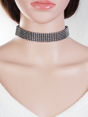 สร้อยคอ Choker แฟชั่น พลอย rhinestone ใส ล้อมกรอบสีดำ ยาว 32.5 ซม. 1 เส้น