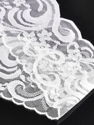 ริบบิ้นลูกไม้ผ้ายืดสีขาว กว้าง 3 3/8 นิ้ว ยาว 2 หลา