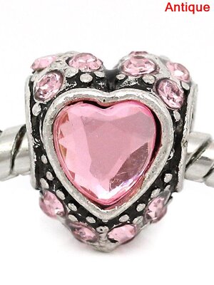 ลูกปัดเงินยุโรป antique รูใหญ่รูปหัวใจ ประดับพลอย Rhinestone สีชมพ ขนาด 12x10mm รู 5mm 1 เม็ด