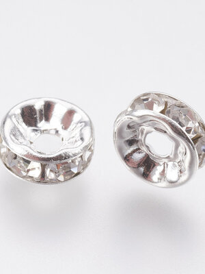 ลูกปัด spacer โลหะทองเหลืองสีเงินชนิดกลมแบนประดับพลอย Rhinestone 8mm แพ็ค 20 เม็ด