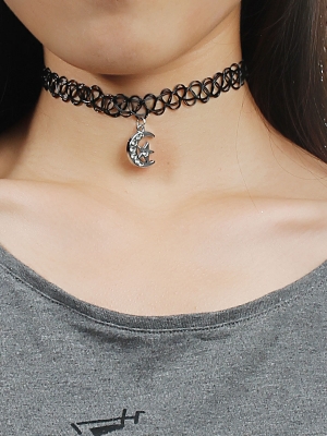 สร้อยคอ Tattoo Choker จี้เงินรูปดาวในพระจันทร์เสี้ยว ใส่แล้วเหมือนมีรอยสักรอบคอ ยาว 30 cm 1 เส้น