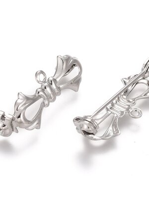 10 ชิ้น เข็มกลัด ทองเหลืองชุบเงินแพลตตินั่ม หน้ารูปโบว์ เข็มแบบล็อค ขนาด 10x28.5mm หนา 7mm รู 1.5mm พิน 0.8mm