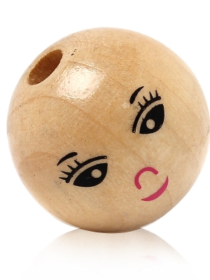 ลูกปัดไม้กลมสีไม้ธรรมชาติเคลือบมัน เขียนลายหน้ายิ้ม ขนาด 22 มม. แพ็ค 30 เม็ด