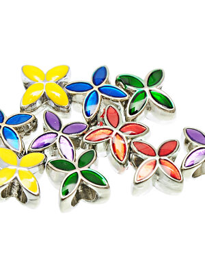 ลูกปัดอโลหะเคลือบรูปดอกไม้ 4 กลีบ 2x11mm 8 เม็ด คละสี