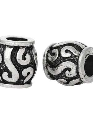 ลูกปัดโลหะเคลือบเงินทรงกลอง แกะลาย ขนาด 11x10 มม. รู 5.1 มม. ร้อยสร้อยยุโรปได้ จำนวน 5 เม็ด