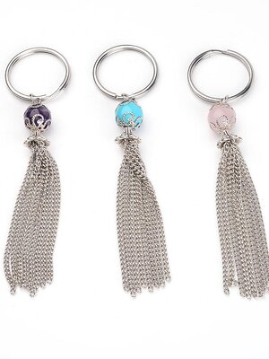 ห่วงพวงกุญแจสแตนเลส 316 ลวดแบน ขนาด 25x2 มม. พู้โซ่เหล็กและลูกปัดหินGemstone ยาวประมาณ 89x10mm จำนวน 1 อัน