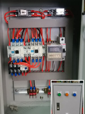 ตู้ควบคุมมอเตอร์ Start Stop สลับการทำงาน โดยอุปกรณ์ ไทม์เมอร์ ดิจิตอล Digital twin timer, (อุปกรณ์อื่นๆ LED Pilot Lamp, Control Switch, Miniature Circuit Breaker, Relay, MAGNETIC CONTACTOR)