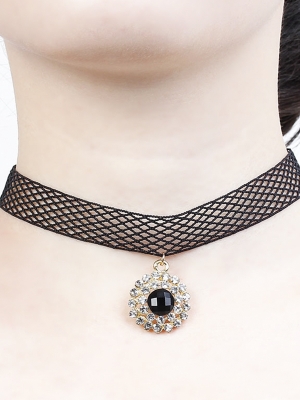 สร้อยคอริบบิ้นตาข่าย Terylene จี้พลอย rhinestone สีใส ยาว 33.3 ซม. 1 ชิ้น