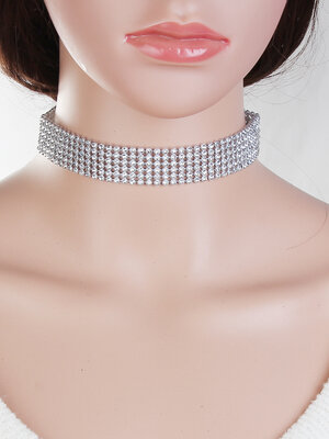 สร้อยคอ Choker แฟชั่น พลอย rhinestone ใสล้อมกรอบสีเงิน ยาว 32.5 ซม. 1 เส้น