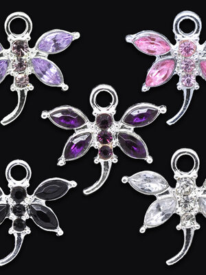 ตัวห้อย/จี้ โลหะเงินประดับพลอยRhinestone รูปแมลงปอ ขนาด 20x19mm 5 ชิ้น