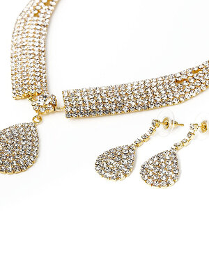 สร้อยคอแฟชั่นเนื้อทองแดงชุบสีทอง ประดับพลอย Rhinestone พร้อมต่างหูหยดน้ำ เข้าชุด หรูหรา จำนวน 1 เซต