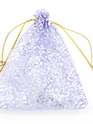 ถุงผ้าออแกนซ่ามีสายรูดรัดปากถุง 17.5x12.5cm สีม่วงลายดอกไม้ขาว แพ็ค 10 ใบ