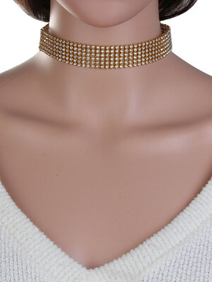 สร้อยคอ Choker แฟชั่น พลอย rhinestone ใสล้อมกรอบสีทอง ยาว 32.5 ซม. 1 เส้น