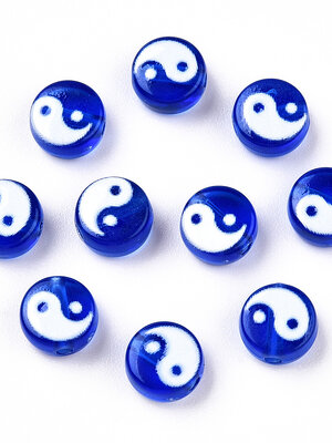 ลูกปัดอะครีลิค เม็ดกลม ลายหยินหยาง สีน้ำเงินขาว ขนาด 7x4 มม. รู 1.5 มม. แพ็ค 100 เม็ด