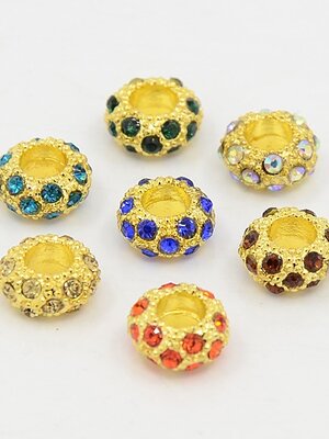 ลูกปัดยุโรปรูใหญ่ ทรง rondelle สีทองประดับพลอย rhineston คละสี 20 เม็ด (สีขึ้นอยู่กับสินค้าในสต๊อก)