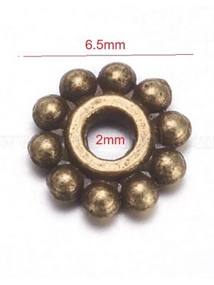 ลูกปัดคั่นโลหะ รูปเกียร์/ดอกไม้ สีสัมฤทธิ์โบราณ ขนาด 6.5mm รู 2mm แพ็ค 100 ชิ้น