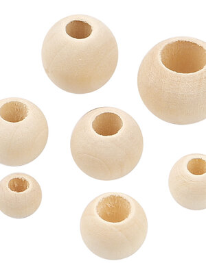 ลูกปัดไม้ธรรมชาติ Hinoki ผิวเรียบ เม็ดกลม รูใหญ่ สีไม้ธรรมชาติ สำหรับงาน DIY เลือกขนาด