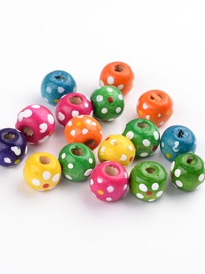 ลูกปัดไม้ เม็ดกลม ย้อมสีลายจุด ขนาด 10 มม. รู 3.5 มม. ลีดฟรี แพ็ค 200 เม็ด