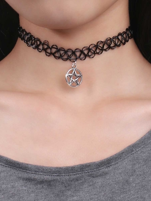 สร้อยคอ Tattoo Choker จี้เงินรูปดาวในวงกลม ใส่แล้วเหมือนมีรอยสักรอบคอ ยาว 30 cm 1 เส้น