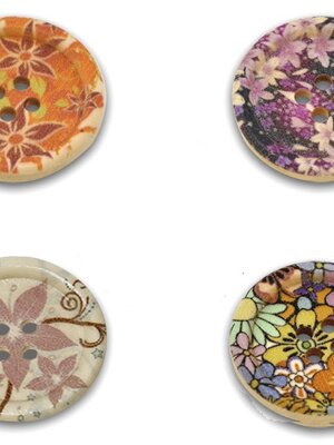 กระดุมไม้กลมเพ้นท์รูปดอกไม้ 4 รู ขนาด 30mm แพ็ด 10 เม็ดคละลาย