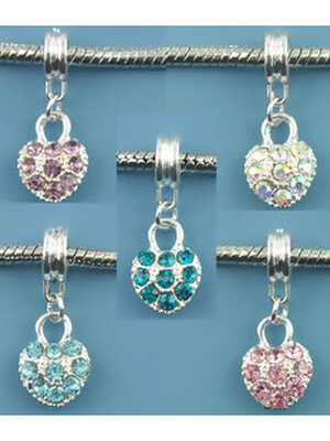 ตัวห้อย/จี้โลหะเงินรูปหัวใจประดับพลอยRhinestone พร้อมตัวคล้องสีเงิน ขนาด 26x10mm 5 ชิ้น