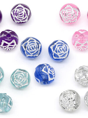 ลูกปัดอะครีลิคกลม Foil แกะลายดอกไม้ ขนาด 8mm แพ็ค 100 เม็ด คละสี