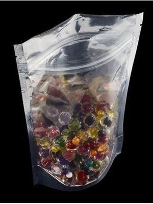 ถุงซิปล็อค หน้าใสหลังสีเงินอลูมิเนียมฟอยด์ กันชื้น ก้นขยายตั้งได้ มีรูแขวน ขนาด 14 x 22 cm แพ็ค 50 ใบ