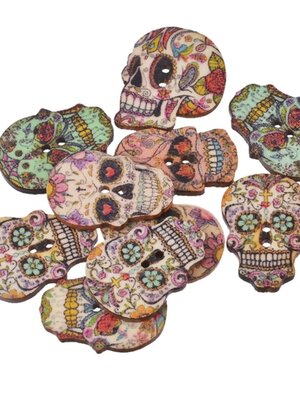 กระดุมไม้ 2 รู หัวกะโหลกฮาโลวีน ขนาด 24.5 มิล (1") x 17.5 มิล ( 6/8") แพ็ค 50 ชิ้น