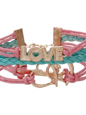 สร้อยข้อมือเชือกหนัง+เชือกเทียน สีชมพูฟ้าน้ำทะเล เชื่อมต่อด้วยเหล็กสีทองรูปหัวใจคู่ และคำว่า Love ขนาด 17cm(6 6/8). 1 เส้น