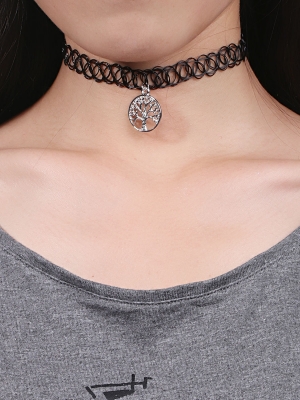 สร้อยคอ Tattoo Choker จี้เงินวงกลมแกะลายรูปต้นไม้ ใส่แล้วเหมือนมีรอยสักรอบคอ ยาว 30 cm 1 เส้น