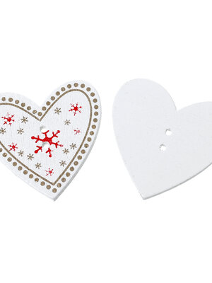 กระดุมไม้ 2 รูรูปหัวใจสีขาวเพ้นท์ลายsnowflake ขนาด 35x33mm. 10 เม็ด