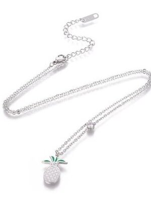 สร้อยคอสแตนเลส 304 สีสแตนเลส พร้อมจี้พลอยรูปสัปปะรด ยาว 17.1"(43.5cm); แพ็ค 10 เส้น พรีออเดอร์