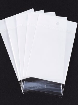 ถุงพลาสติกใส OPP(ถุงแก้ว) ฝากาว มีรูแขวนหัวมุก หน้าใส กลางมุก หลังใส ขนาด 10x14 ซม.(ส่วนใช้งาน 10x9 ซม.) หนา 0.12 มม แพ็ค 100 ใบ