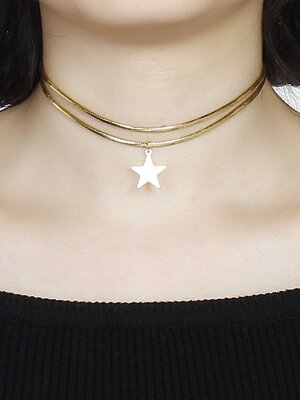 สร้อยคอ choker แฟชั่น หนัง PU สีทองสองชั้น จี้สีทองรูปดาว ยาว 34.5 ซม. 1 เส้น