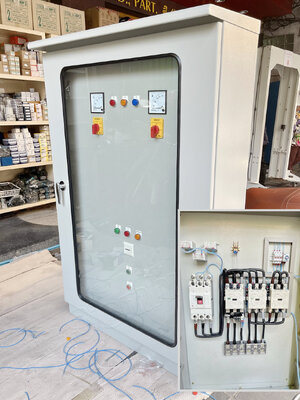 ตู้ไซด์กันน้ำฝา2ชั้น แบบ สตาร์-เดลต้า 150HP เบรคเกอร์คุมเมนท์ 400A (อุปกรณ์ไฟฟ้า CABINET (KJL), MCCB (MITSUBISHI), CONTACTOR (MITSUBISHI), STAR-DELTA TIMER (WIP), PANEL METER (QUBIX), SELECTOR SWITCHES (QUBIX), Hour Meter (PNC), LED Pilot Lamp (ZT)..,