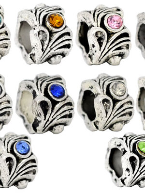 1 เม็ด ลูกปัดโลหะเงิน antique สไตล์ยุโรป รูใหญ่ แกะลายดอกไม้ ติดพลอย Rhinestone ขนาด 12x8mm พลอยมี 10 สี