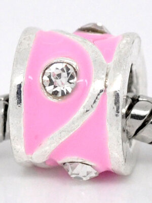 ลูกปัดยุโรปเงินเคลือบ Enamel สีชมพู ขนาด 10x8mm 2 เม็ด