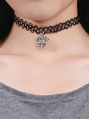 สร้อยคอ Tattoo Choker จี้เงินรูปมงกุฏ ยาว 30 cm 1 เส้น