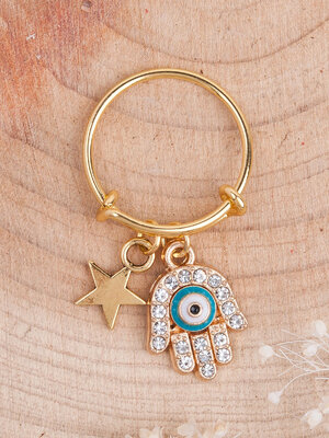 แหวนเนื้อทองแดง สีทอง ปรับขนาดได้ จี้ evil eye บนมือประดับพลอย rhinestome รอบนิ้ว 16 มม. 1 วง